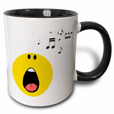 3dRose Singing smiley face - yellow cartoon singer - cute musical music rock pop star opera musician - Two Tone Black Mug,