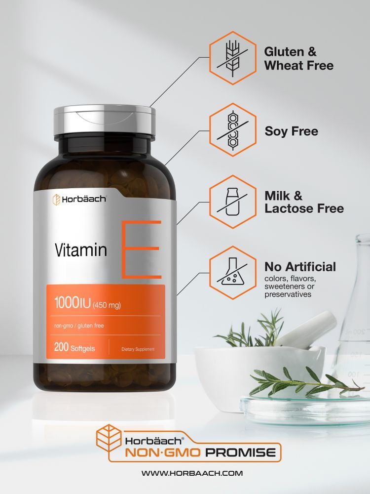 Vitamin E Capsules 1000 IU | 200 Softgels | Preservative Free | by Horbaach