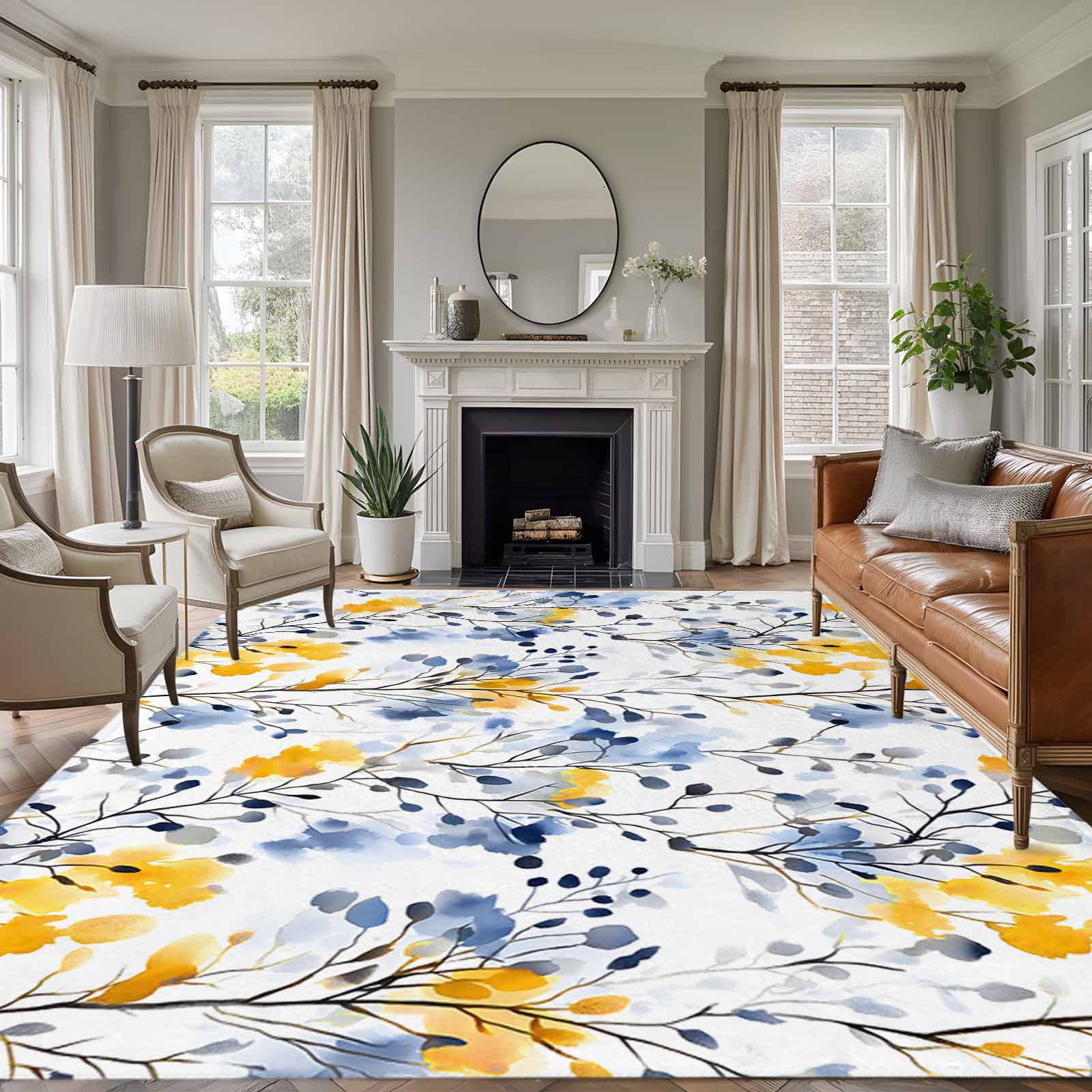 6'x9' Area Rugs, Blue Yellow Spring Floral Indoor Outdoor Area Rug for Living Room Bedroom, Summer Botanical Abstract Washable Bathroom Rugs Kitchen Floor Carpet Mats Home Decor Aesthetic