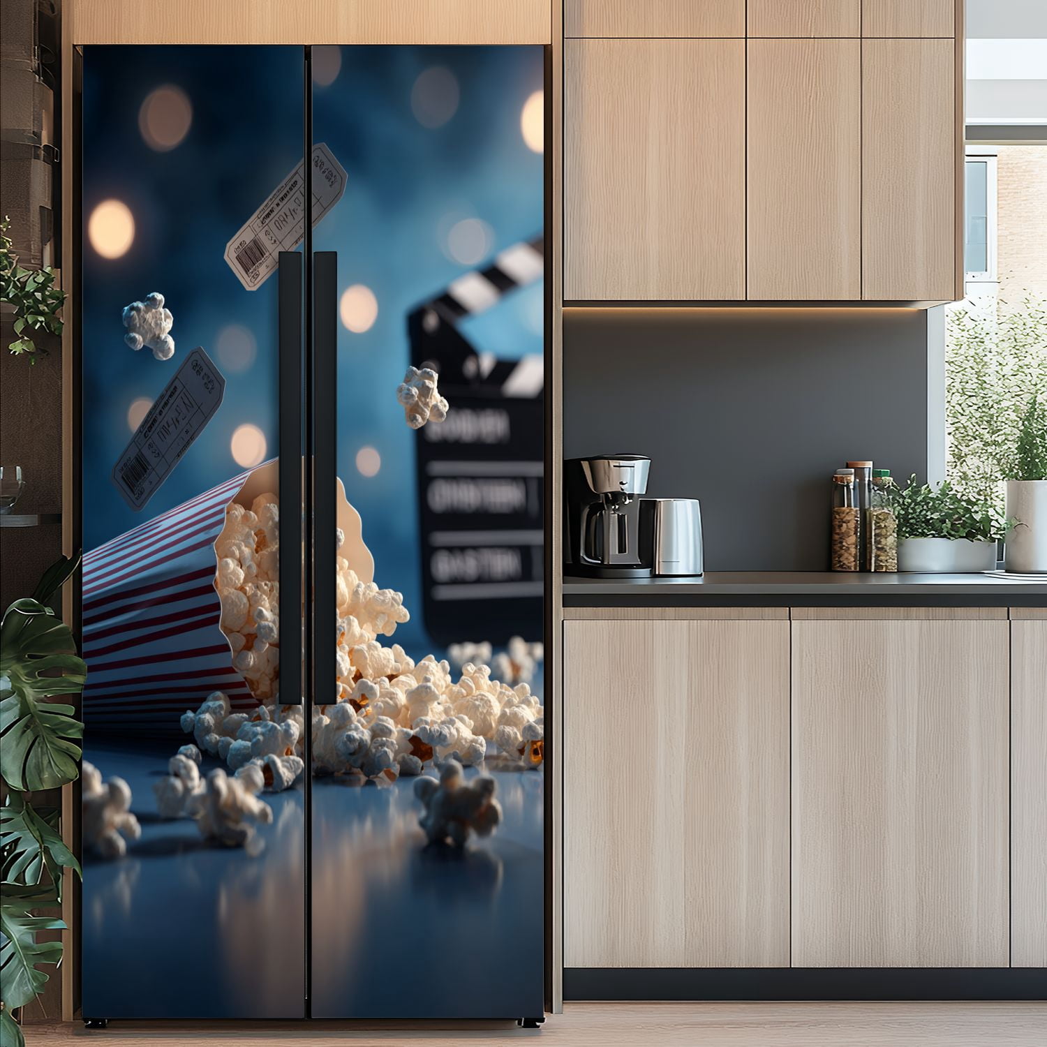 Self Adhesive Vinyl Refrigerator Wrap Set Cinema blue 3d popcorn tape Door Mural Removable Fridge Sticker Peel and Stick&nbsp;Full Door Cover Decal Kitchen Bar Decor