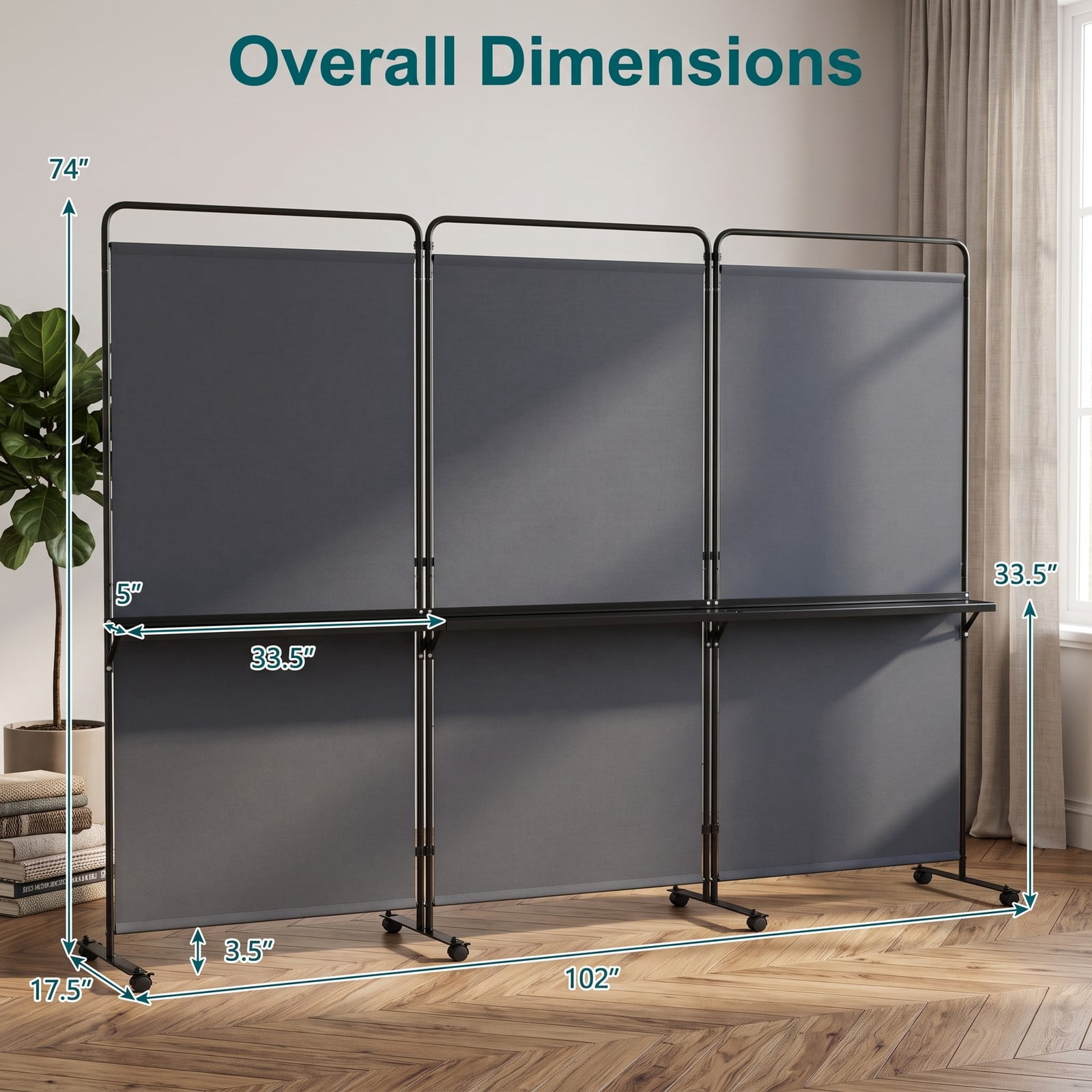 ALPULON 3-Panel Room Divider with 3 Shelves, 6 FT Tall Folding Privacy Screen Freestanding Partition with Lockable Wheels for Living Room Bedroom Office, Gray
