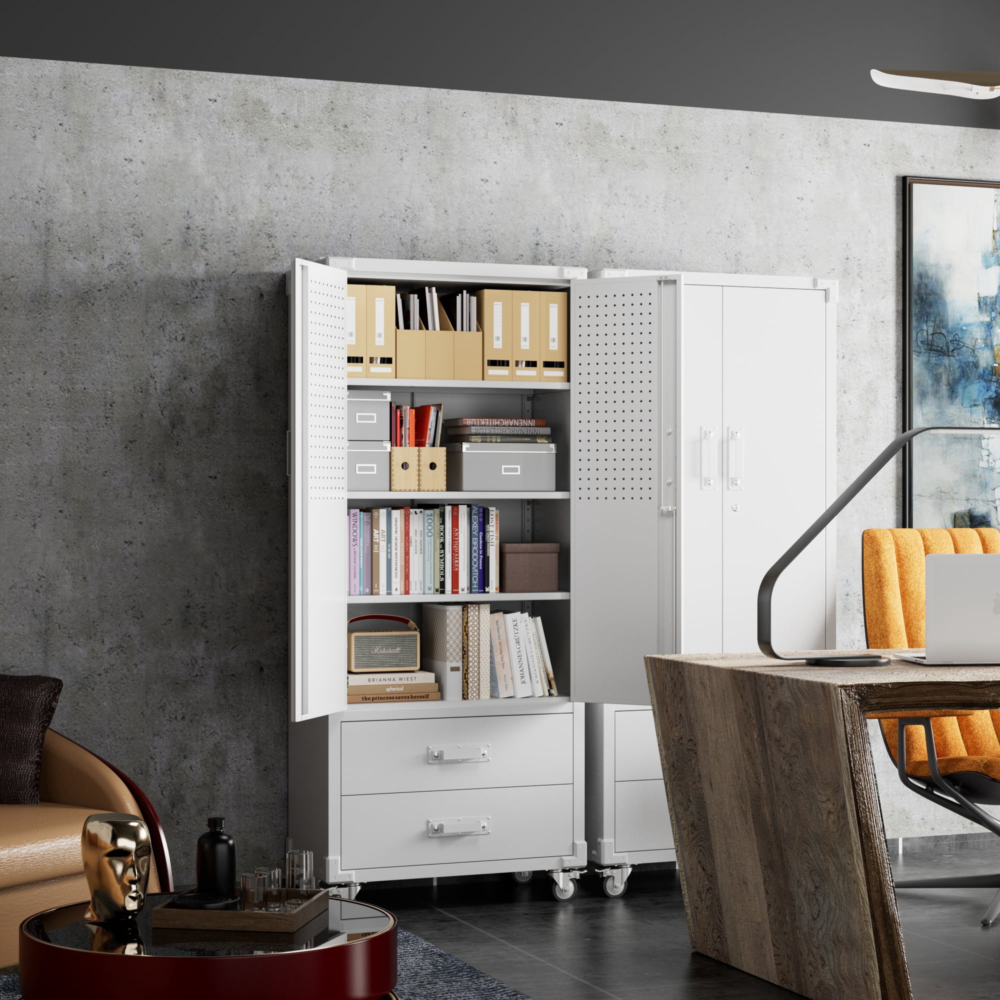 Aobabo Metal Gargae Cabinet with 2 Drawer & Pegboard, Lockable Storage Cabinet with Wheels, 3 Adjustable Shelves and Hooks, for Home, Office, Garage, Classroom, Assembly Required,White