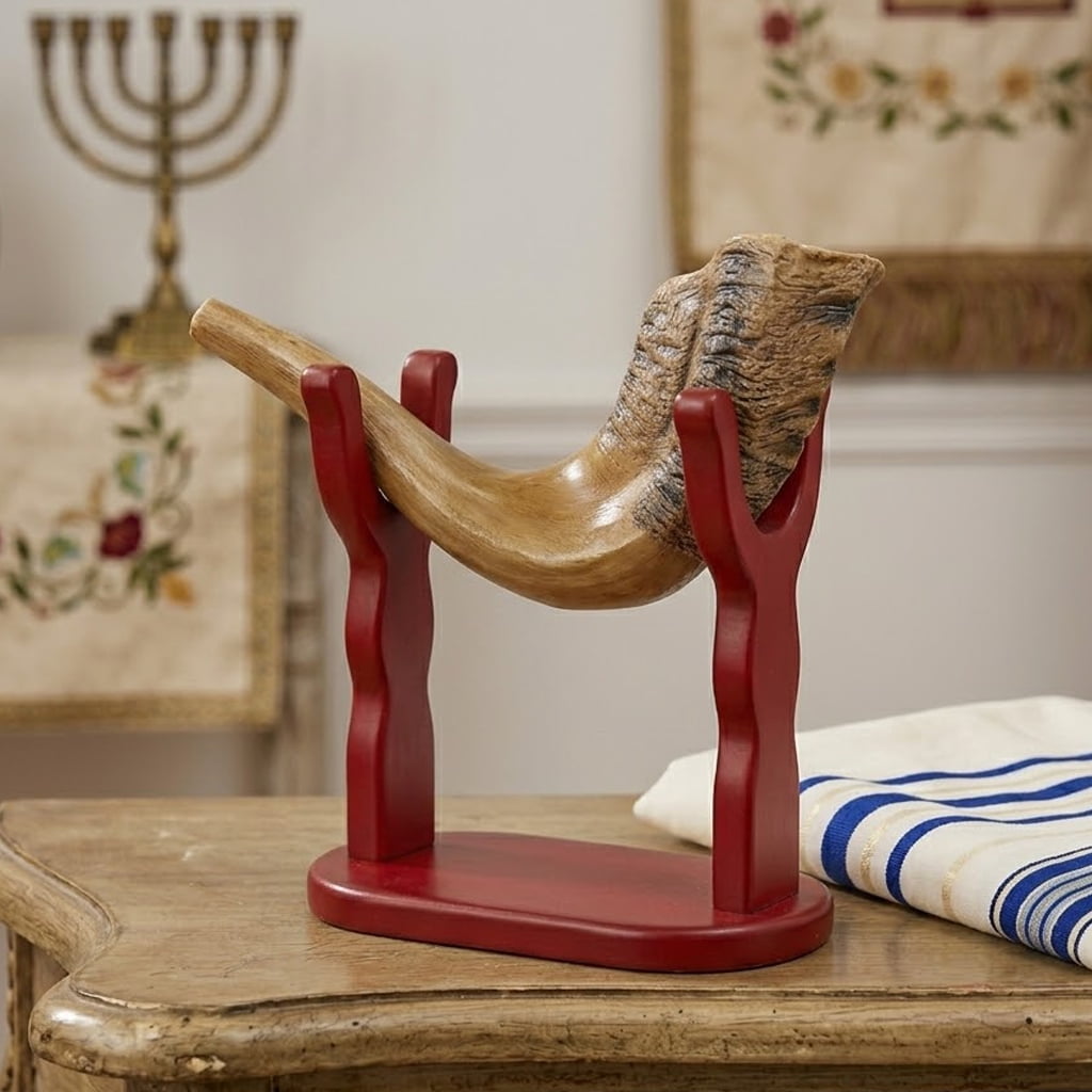 Polished Ram’s Horn Shofar with Display Stand - Decorative Resin Shofar Ornament - Traditional Judaica Gift for Rosh Hashanah, Yom Kippur & Christian Religious Decor
