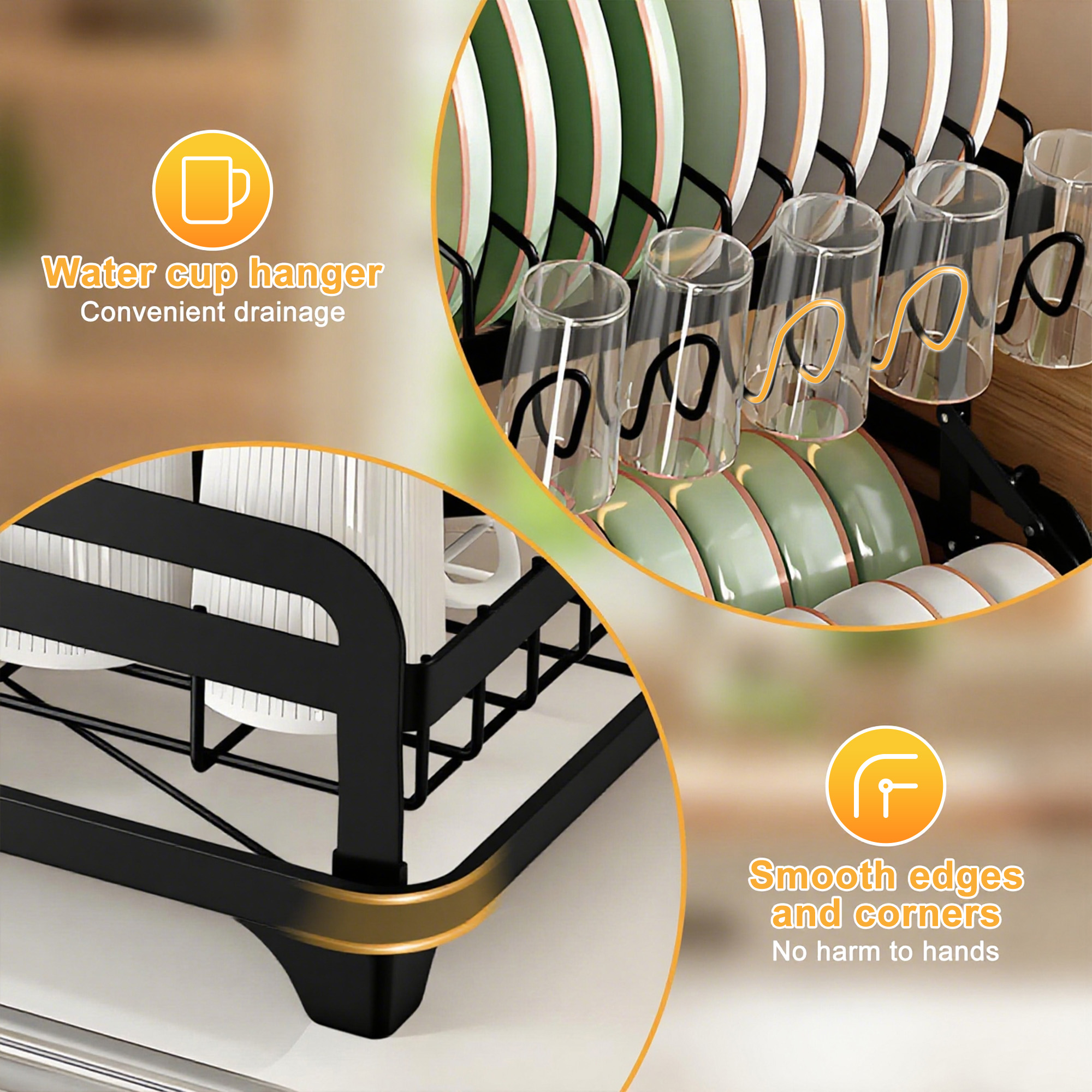 2-Tier Dish Drying Rack,Carbon Steel Dish Rack with Cutlery Holder for Kitchen Counter,Black