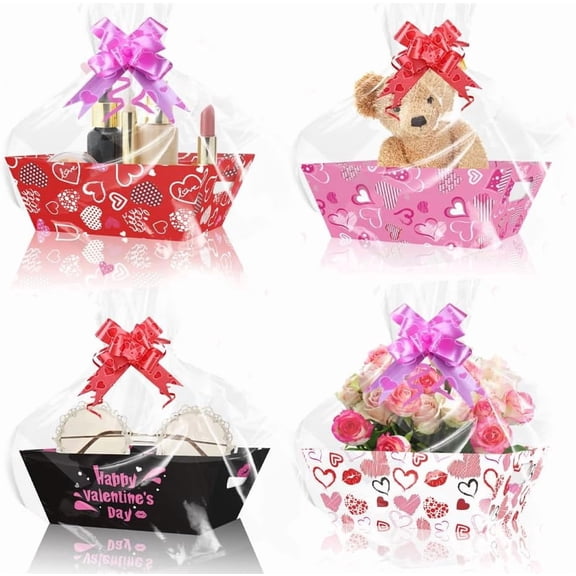 YANTONG 12 Sets Valentines Day Empty Gifts Baskets with Cellophane Basket Bags and Bows Ribbons, Cardboard Valentine Gift Basket Empty to Fill for Valentine’s Day Wedding Birthday Anniversary