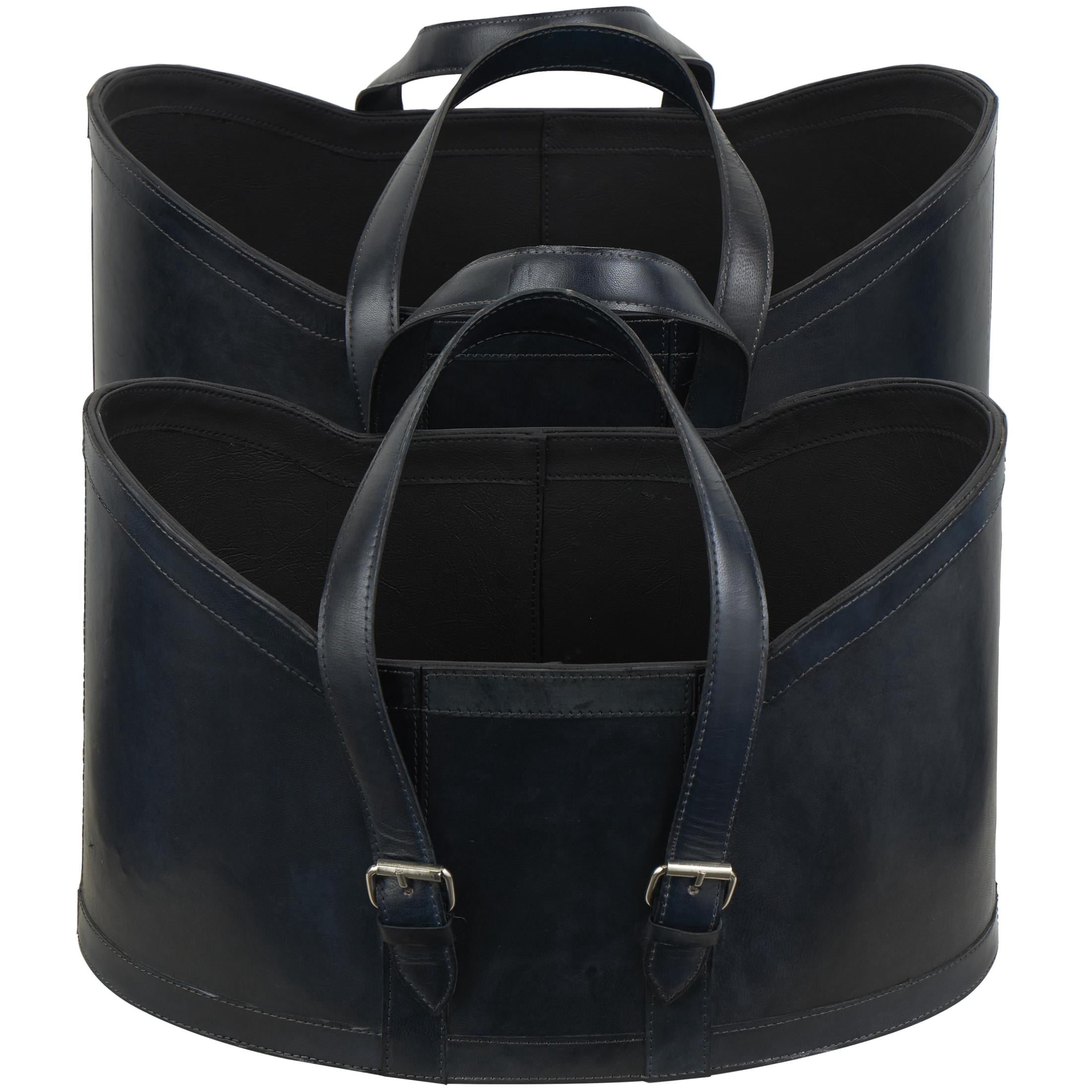 DecMode 21", 19"W Dark Blue Leather Handmade Magazine Holder with Handles (Set of 2)