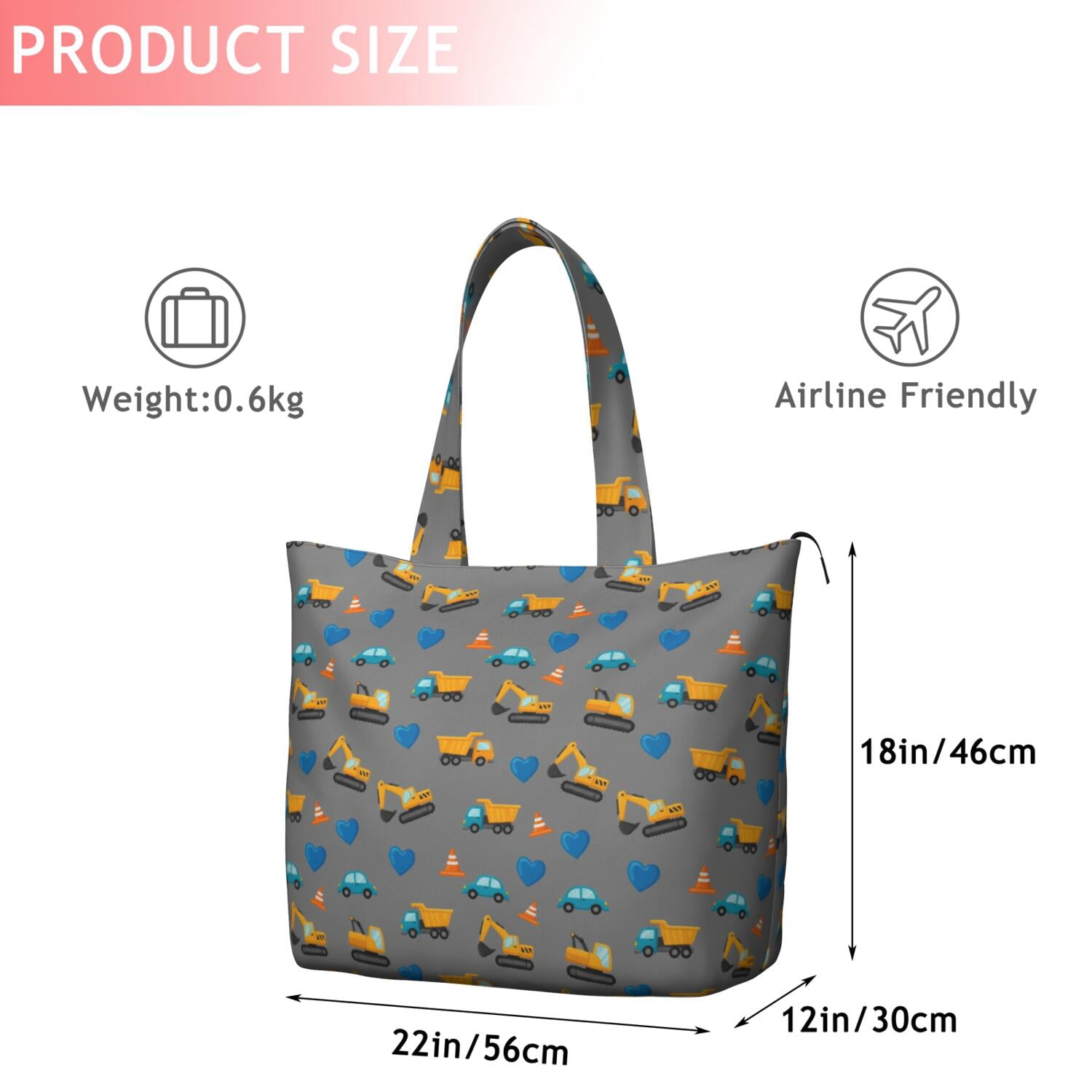 Cartoon Construction Vehicles Hearts Travel Tote Bags for Women Carry On,Large Weekender Bags for Women Travel,Multi Functional Duffle Bag for Work,Shopping,Sports
