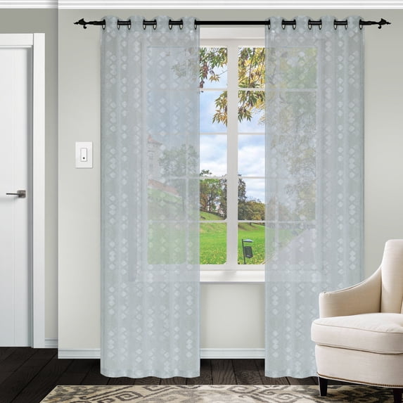 Argyle Geometric Embroidered Soft Diffused Light Airy Lightweight Sheer Curtain Set Mint / 52"x84"