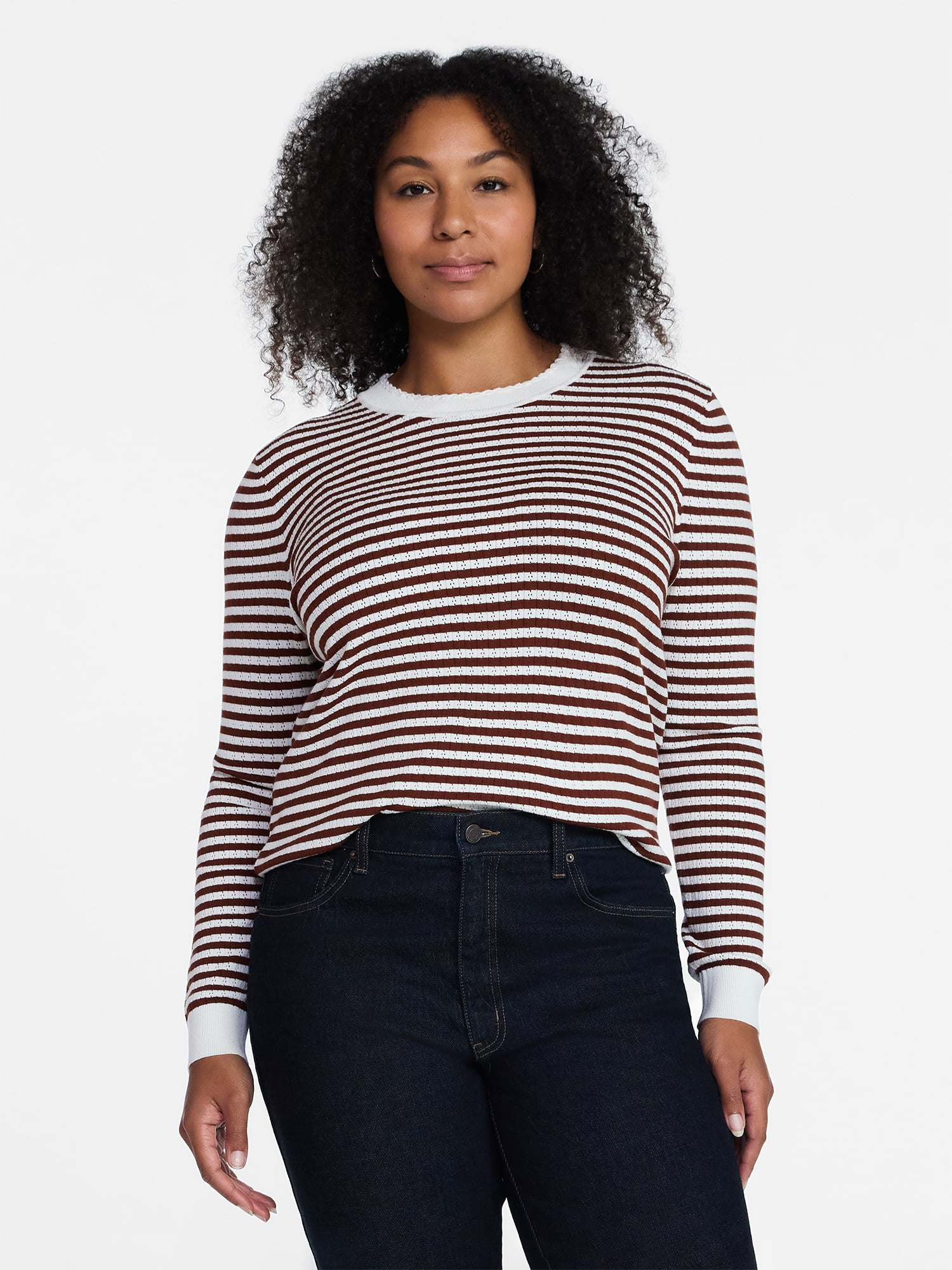 Time and Tru Women's Stripe Pointelle Rib Sweater with Long Sleeves, Lightweight, Sizes XS-XXXL