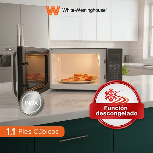 White Westinghouse Horno de Microondas 1.1 pies Modelo WWCR3011OOMIRWE Display LED Interior Gris Manija de puerta-control de membrana Plato Giratorio Descongelado