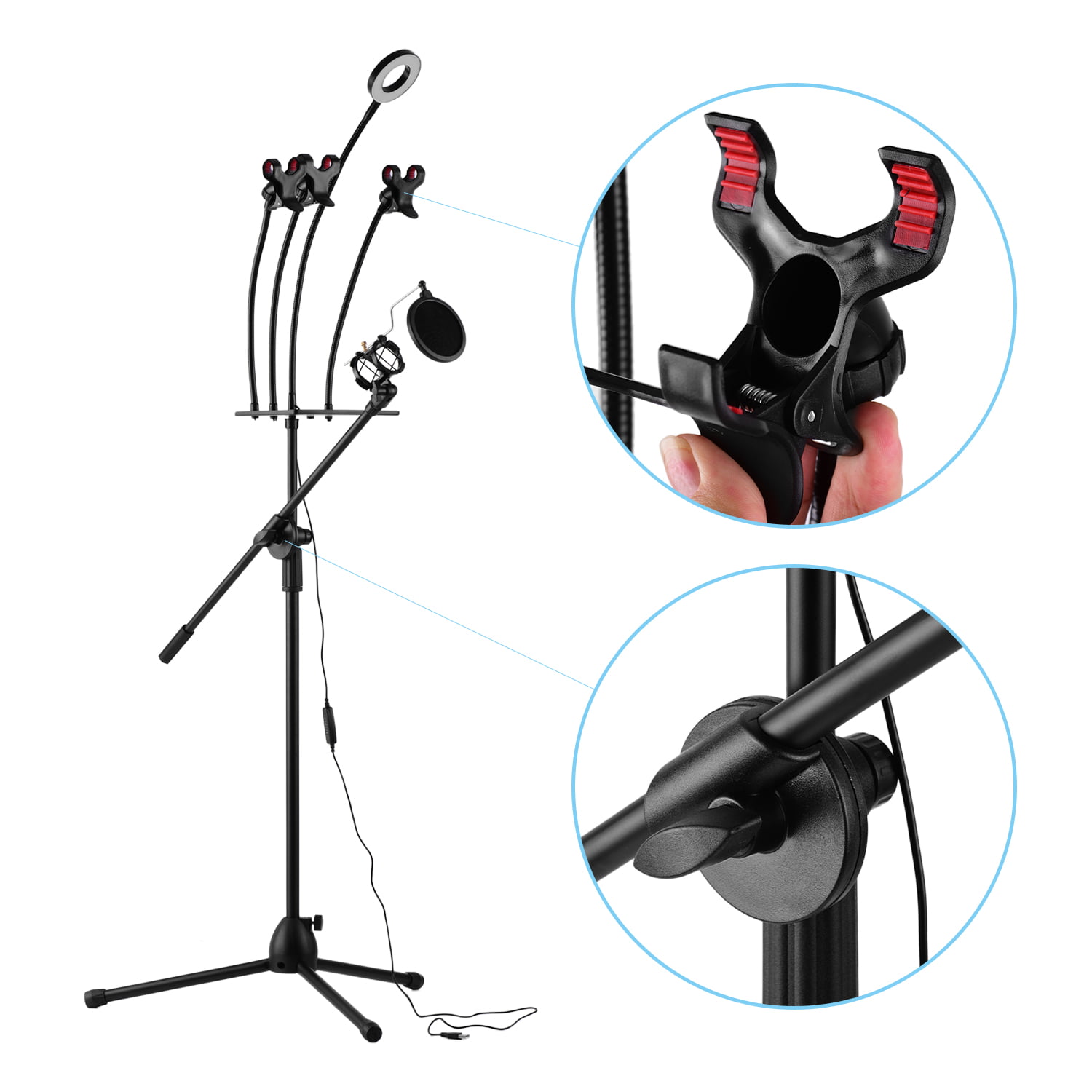 Streaming Microphone Tripod Stand with LED Light Telescoping Boom Filter 3  Phone Clamps Sound Card Tray for Video Live Streaming