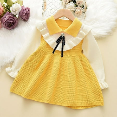 

Cute Sweaters Babys Kids s Girls Patchwork Bow Tie Spring Winter Long Sleeve Ruffled Knit Sweater Princess Dress Clothes Holiday Ugly Christmas Yellow