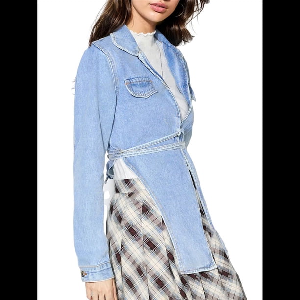 Chaqueta Vaquera con Cordones para Mujer, de Larga, Abierta Al Frente, Estilo Vintage, Corta, Informal, Estilo Urbano. Azul S