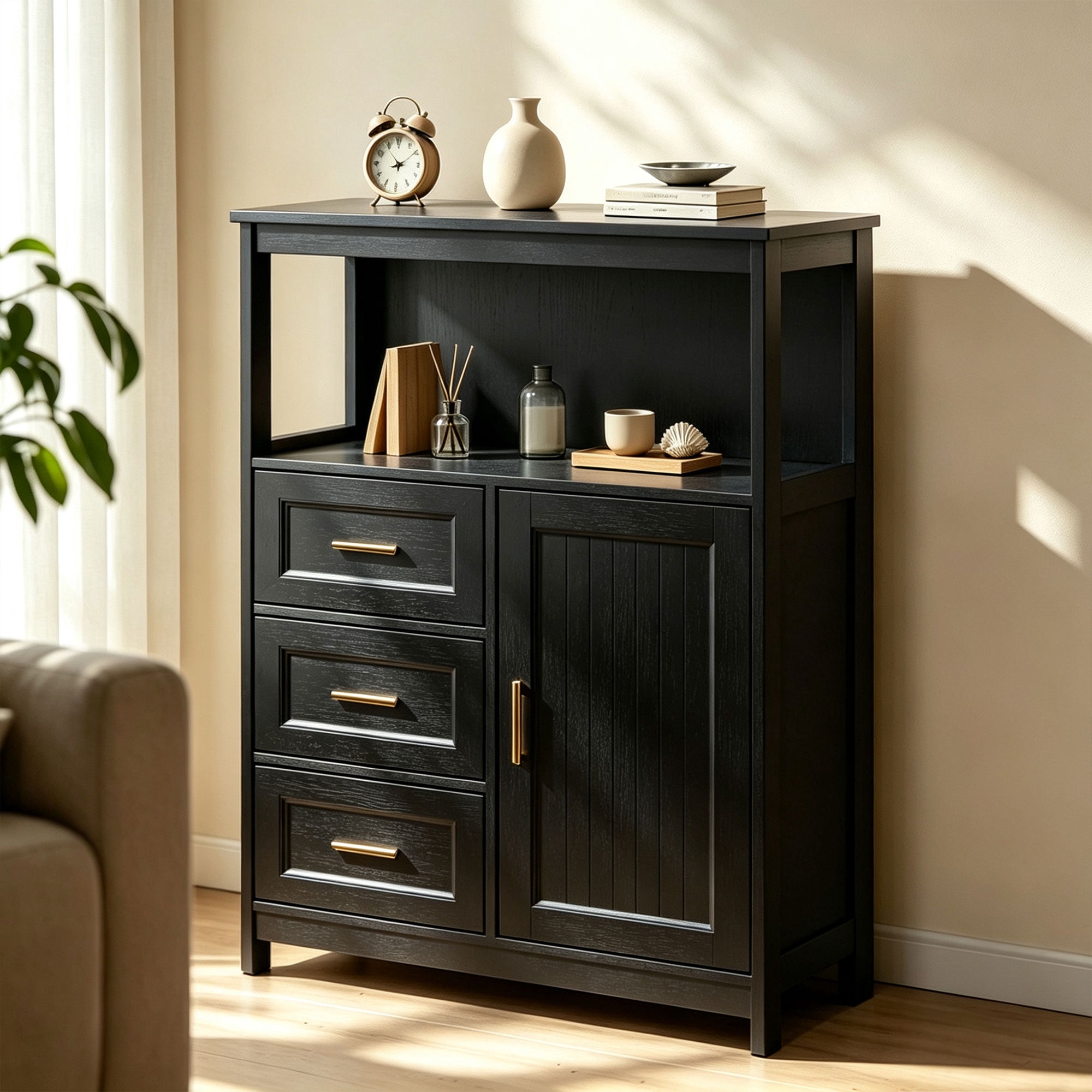 Leumius Kitchen Storage Cabinet,Modern Buffet Cabinet with 3 Drawers & 1 Door, Floor Sideboard Buffet for Living Room, Dining Room, Bathroom, Black