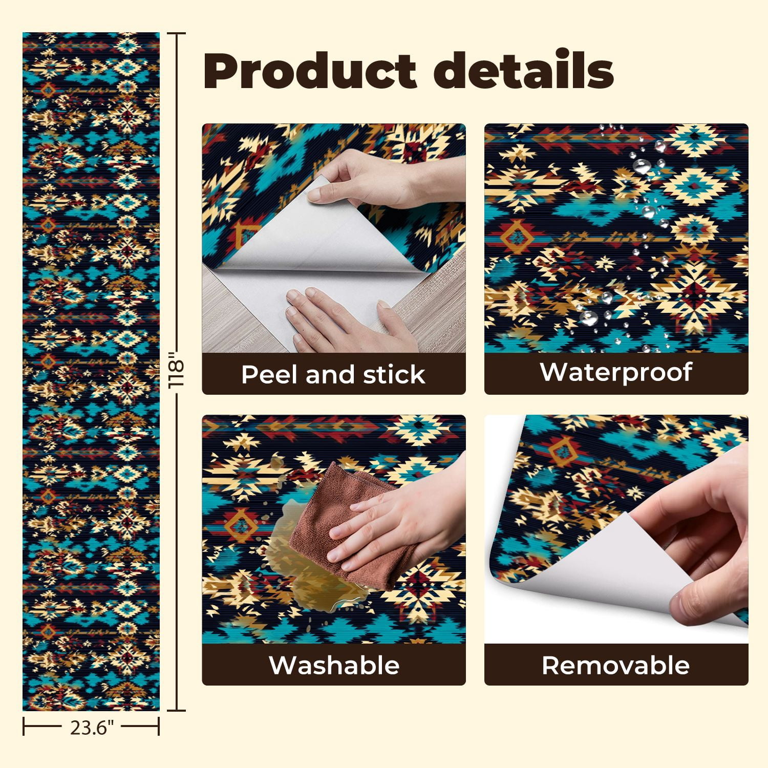 Peel and Stick Wallpaper Native American Southwest Aztec Navajo Tribal Wall Mural 23.6in x 9.8ft Self Adhesive Removable Wall Paper Renter Friendly Wallpaper for Bedroom Bathroom