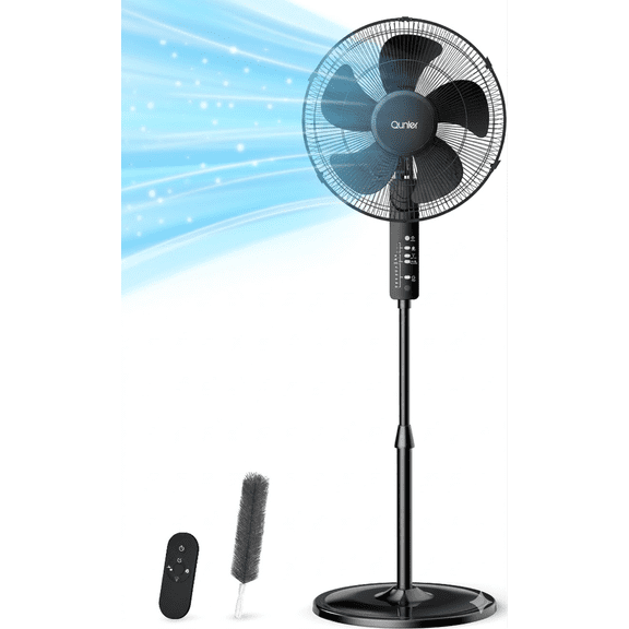 Qunler 16" Oscillating Stand Fan, Remote Control & 10H Timer, 3-Speed Adjustable Height Pedestal Fan, Quiet Cooling Fan for Bedroom, Office, Indoor Use - Black