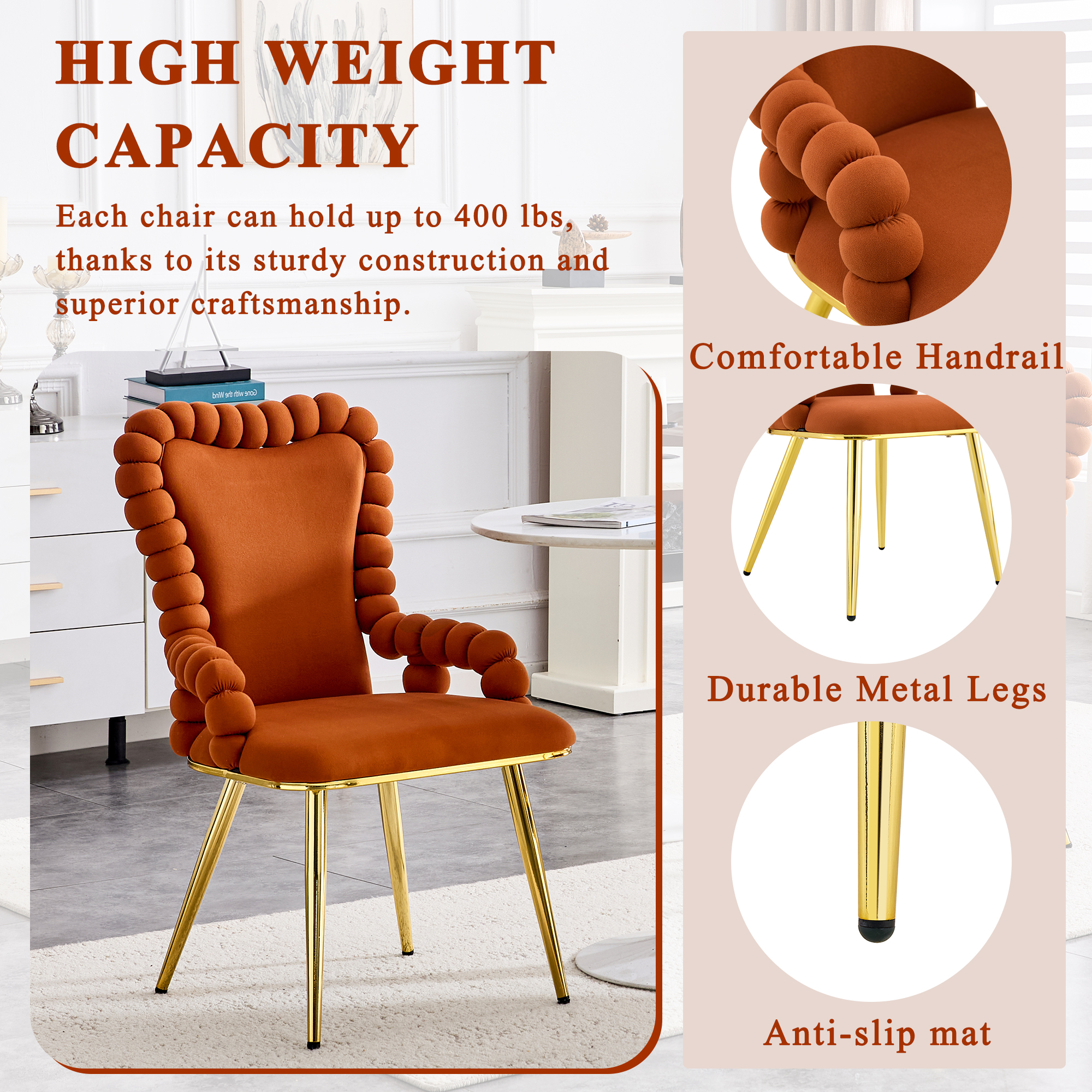 TesNus Set of 2 Brown Velvet Bubble Tufted Dining Chairs with Gold Metal Legs and Armrests for Dining Room