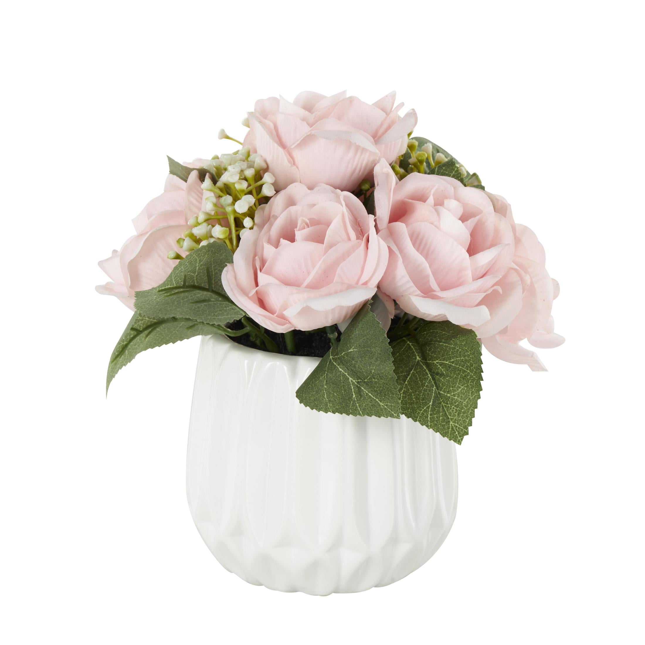 9" Plastic  Hydrangea and Pom Pom Artificial Flower in Green Leaves and Round Ceramic Vase, by DecMode