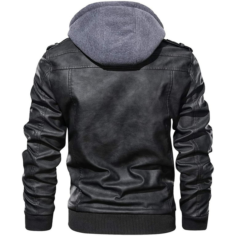 Men’s Casual Stand Collar PU Faux Leather Zip-Up Motorcycle Bomber Jacket  With a Removable Hood
