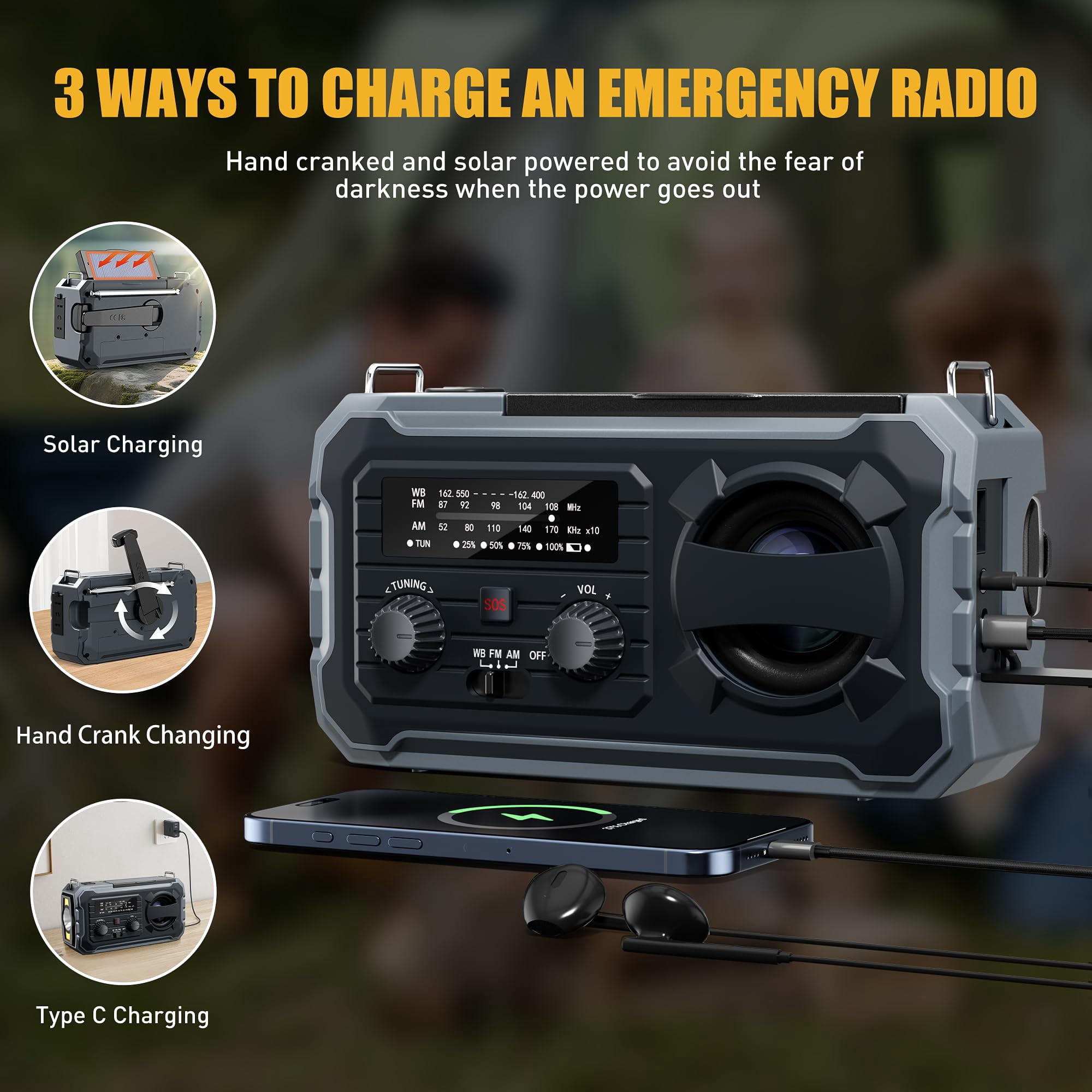 Hand Crank Emergency Radio  10000mah Weather With Am/fm/noaa Solar Prower Sos Alarm Phone Charging Led Flashlight Portable Gear For Outdoor & Home Emergencies Kits Grey