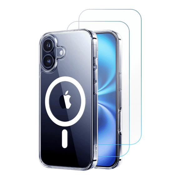 3-in-1 Case Bundle for iPhone 17, Magnetic Crystal Clear Case, [Yellow Resistant] Shockproof with 2 Clear Screen Protectors