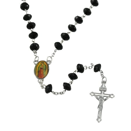 Faceted Amethyst Bead Necklace - Faceted Black Beaded Rosary with Chrome Plated Crucifix