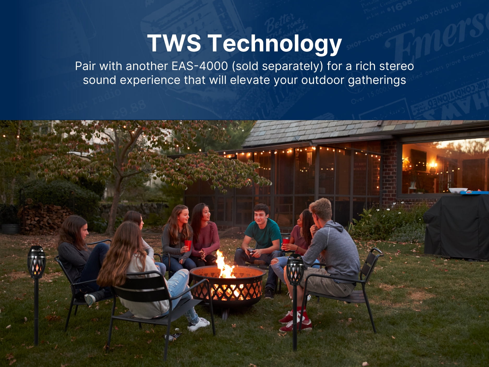 Emerson EAS-4000 Outdoor Flame Lamp with Bluetooth Speaker – Wireless Portable Speaker with Flickering Flame Light, Built-in Rechargeable Battery, and 360° Sound for Patio, Yard, Camping, and Parties