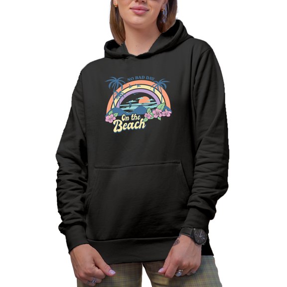 No Bad Day on the Beach, Retro Tropical & Summer Art Merch Gift, Black Hooded Sweatshirt or Hoodie, Small