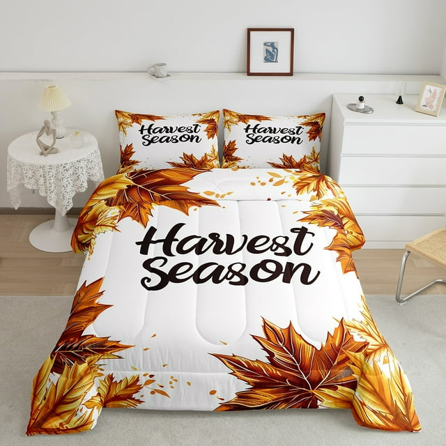 YST Literie d'Automne pour l'Action de Grâce Format Simple Ensemble de Douillette Feuille d'Automne, Ensembles de Literie de Saison des Récoltes Ensemble de Housse de Couette Feuille d'Érable de Ferme Thème Végétal Douillette Matelassée Enfants Garçons Filles Décoration de la Maison