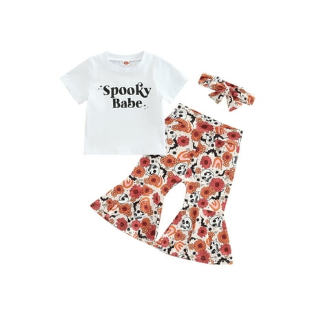 

SHIBAOZI 3Pcs Toddler Baby Girls Halloween Outfit Short-Sleeve T-Shirt Floral Print Bell-Bottoms with Hairband Autumn Clothes Set