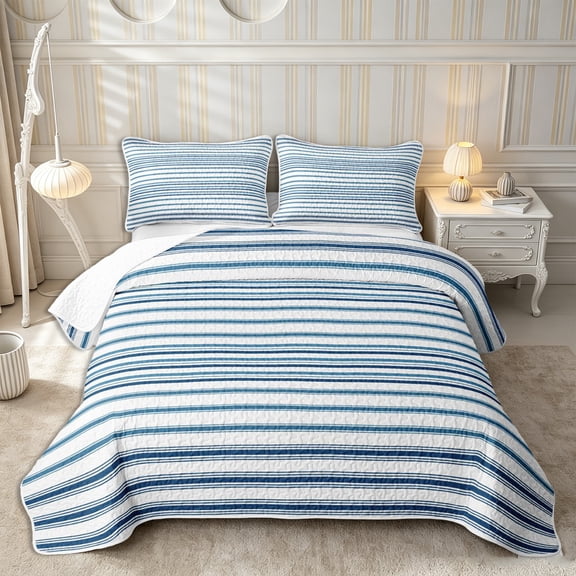 Castle Fairy Mid Century Horizontal Stripe Twin Quilt Set 2 Pieces,Vintage Thin Line Twin Coverlet Set,Navy Blue White,1 Bedspread and 1 Pillowcase