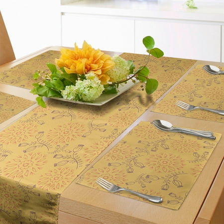 

Garden Art Table Runner & Placemats Outline Drawings of Flower Branches and Leaves Foliage Elements Set for Dining Table Decor Placemat 4 pcs + Runner 12 x90 Mustard Orange by Ambesonne