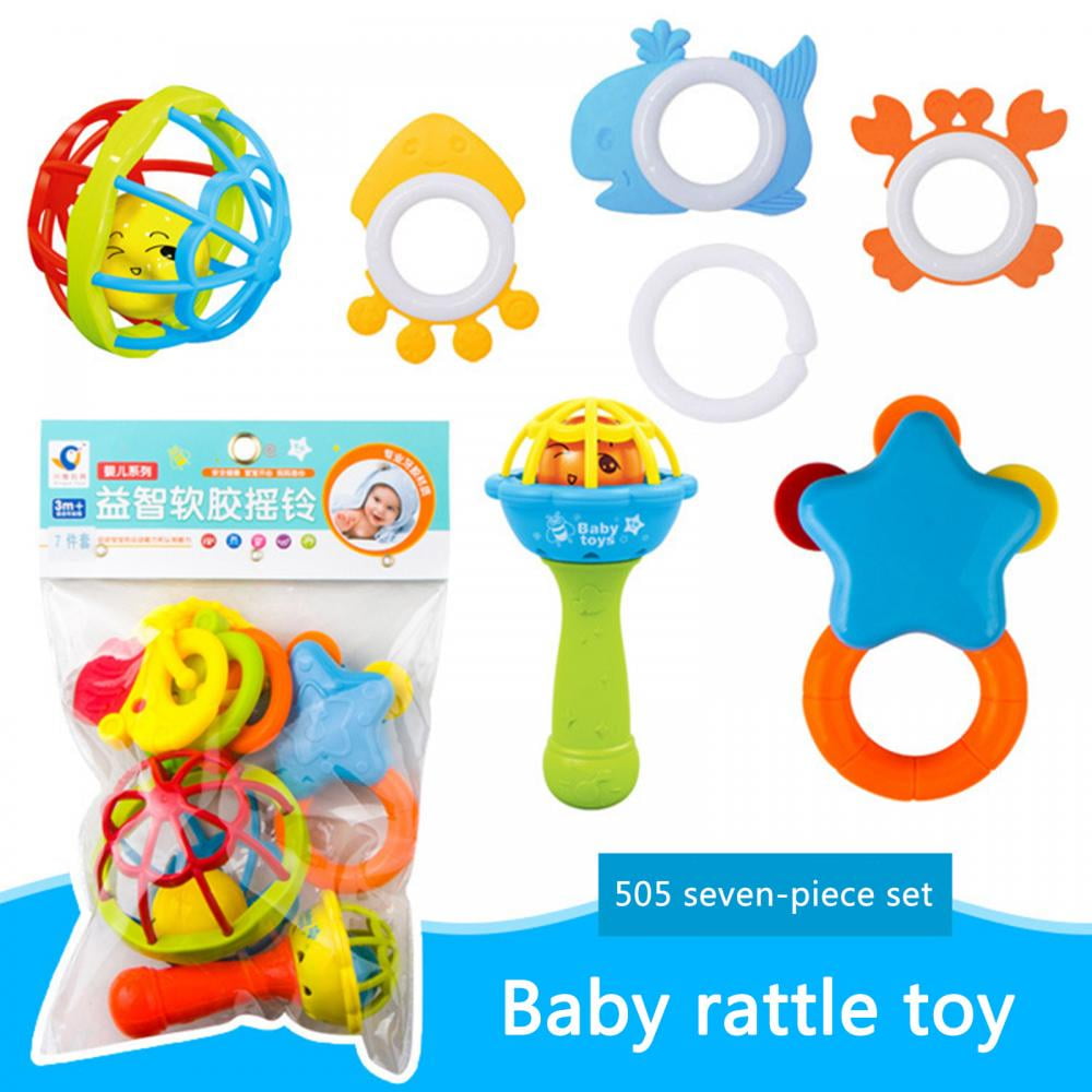 8Pcs/set Baby Teether Rattles Rubber Rainbow Ring Molars Rattle Safety Toys