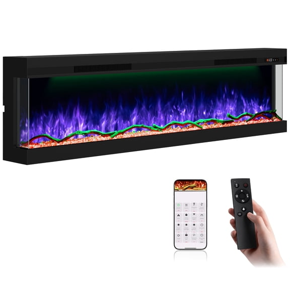 70 inch 3 Sided Glass Electric Fireplace with Touchscreen, APP & Remote Control, Smart Build-in Fire Places Heater 1500W with Multi-Color Flames, Cracking Sound, Timer