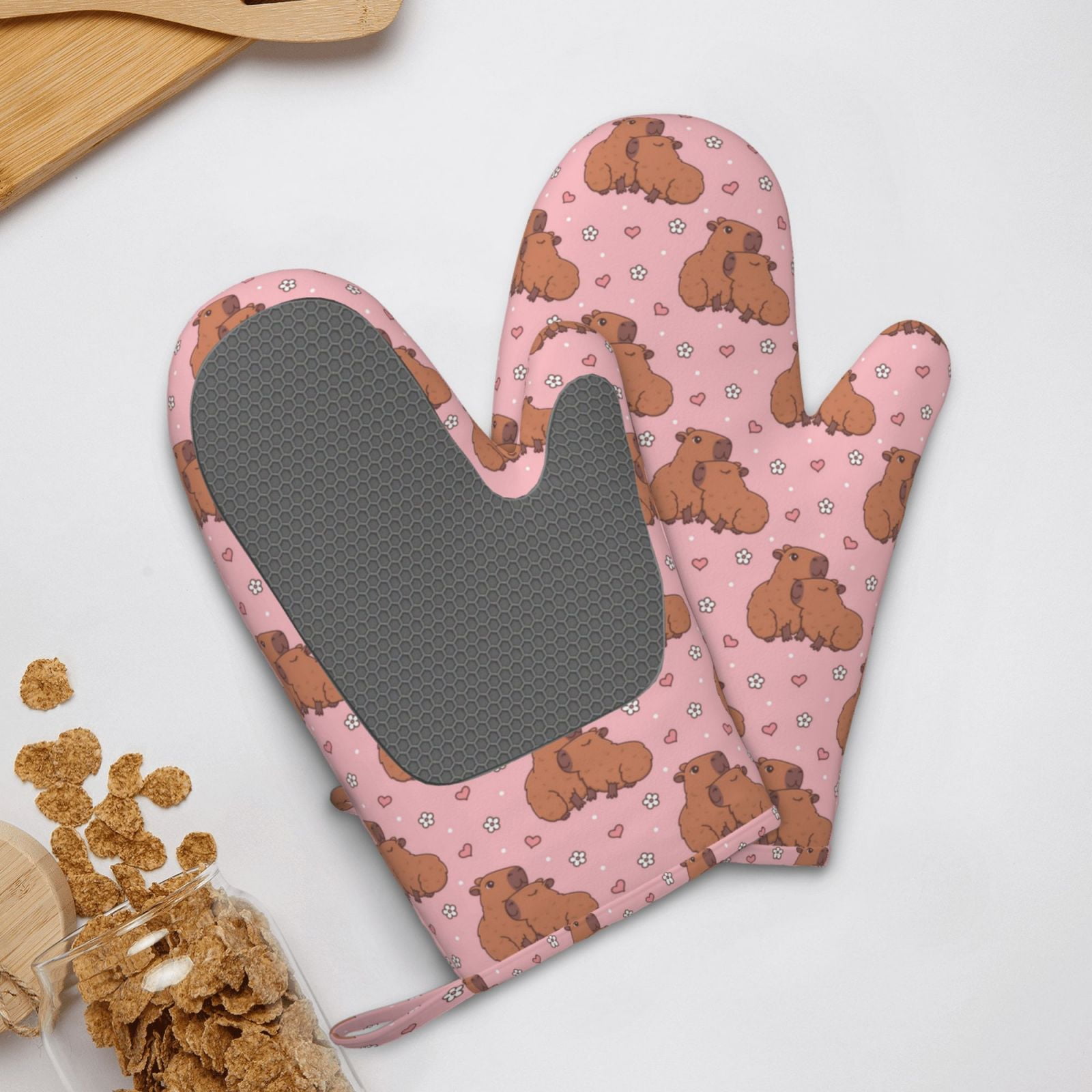Hirioo Heart Capybara for Silicone Oven Mitts for BBQ, Baking, Cooking, Set of 2, Heat Resistant 260℃, Non-Slip Kitchen Essentials
