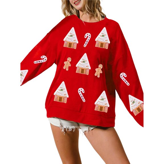 Women Christmas Sweatshirt Candy Cane Crewneck Graphic Pullover Tops Vintage Sweaters Y2k Holiday Outfits Red S