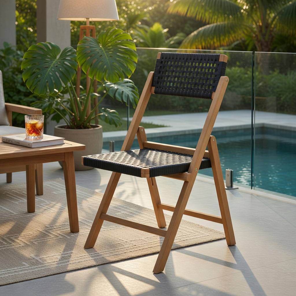 Hommoo 2-Pack Folding Teak Wood Dining Chairs with Woven Rope Seat & Back, Indoor/Outdoor Stackable Patio Chairs for Backyard, Poolside, Camping, Natural+Black