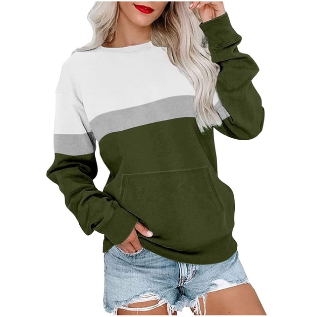 Qertyioot Hauts de Mode pour Femmes, Blouse Pull à Manches Longues Col Rond Ample avec Poche