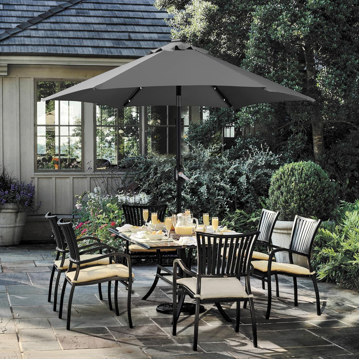 7.5 ft Solar LED Patio Umbrella with Tilt and Crank, Market Style Sunshade for Outdoor Use, Grey