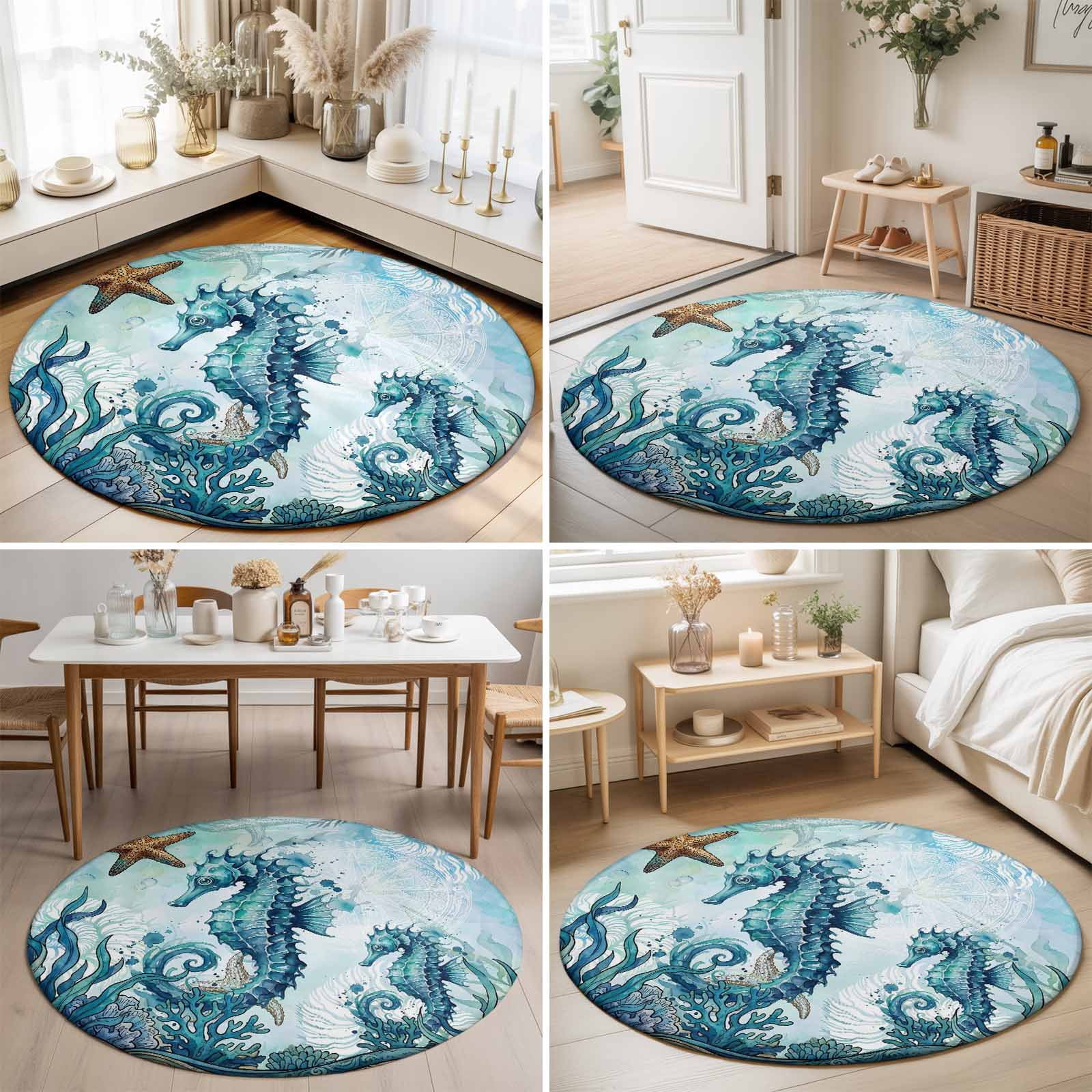Small Round Rug 3Ft, Ocean Seahorses Non-Slip Washable Circle Rugs Carpet, Coastal Animals Seaweed Strafish Compass Blue Indoor Outdoor Rug Floor Mats Throw Runner for Bedroom Living Room Bathroom