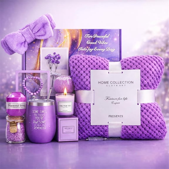 Gift Basket for Women With Lavender Spa Set, Cozy Flannel Blanket, Self Care Gift Box for Mom, Wife, Sister, Friend, Girlfriend, Purple