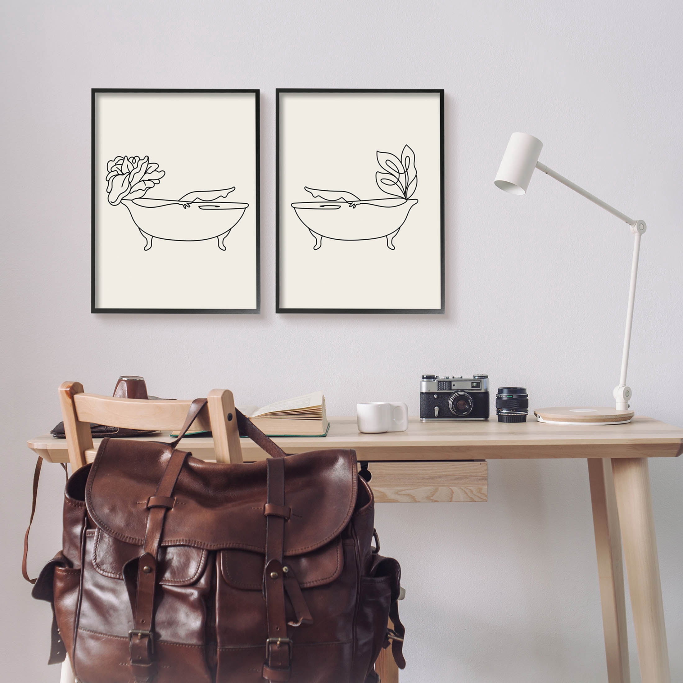 Floral Bathtub Relaxing Doodle Botanical & Floral Graphic Art Black Framed Art Print Wall Art, Set of 2