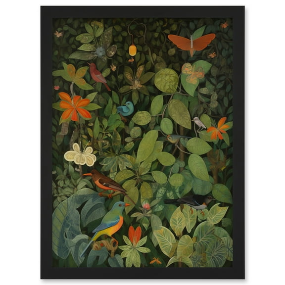Audubon Style Birds and Insects in Jungle Artwork Framed Wall Art Print A4
