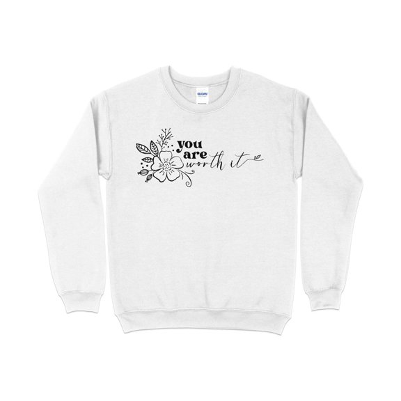 Inspirational Quote Sweatshirt, You Are Worth It, Floral Design Unisex Pullover, Trendy Self Love Top, Casual Comfort Wear