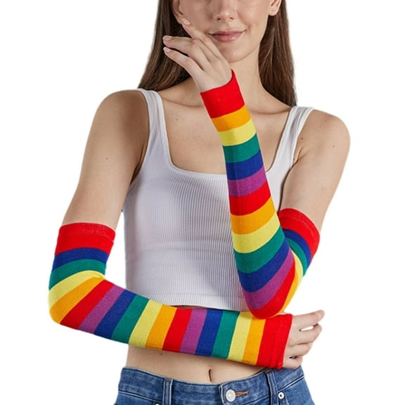 Yoetaun Colorful Stripe Fingerless Gloves for Women Fashion Arm Sleeves Christmas Party Decorative Rainbow Gloves for Teens Girl Color 13