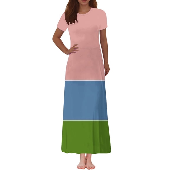 Womens Dress Women's Fashion Printed Short Sleeve Round-Neck Ankle Dress Boho Dress Pink 2XL