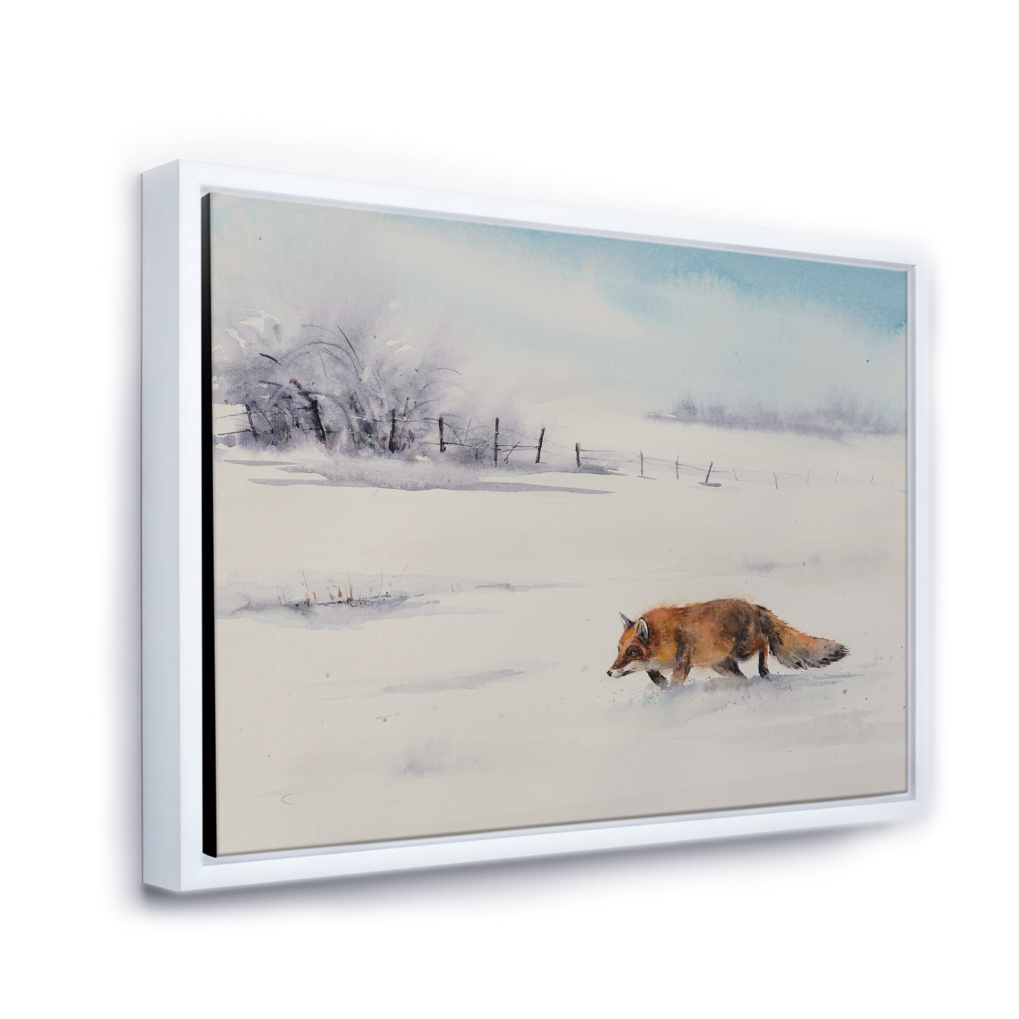 Designart 'Red Fox Running In White Snow in Countryside I' Farmhouse Framed Canvas Wall Art Print