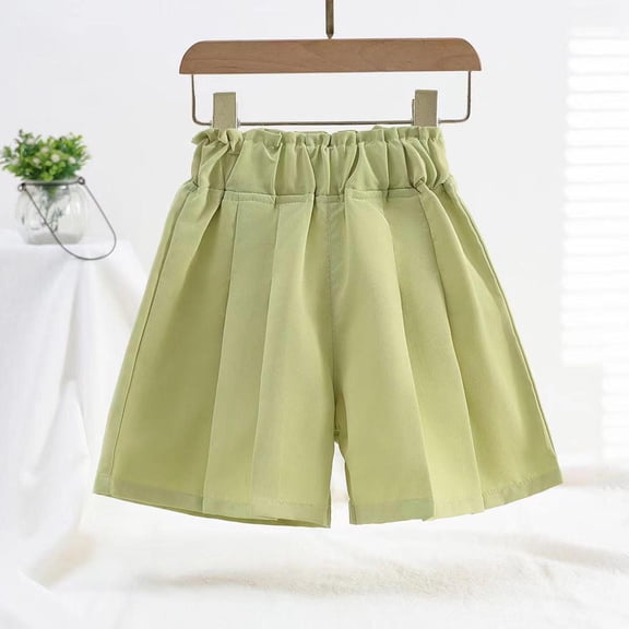 Amidoa Solid Color Girl Shorts Elastic Waist Wide Leg Casual Summer Shorts,Green,12-13Years