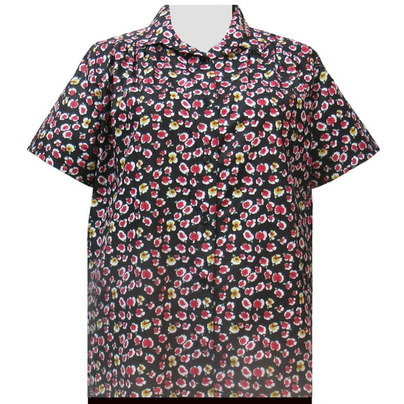 A Personal Touch Women's Plus Size Short Sleeve Button-Up Cotton Blouse with Shirring - Black River Rose - 2X