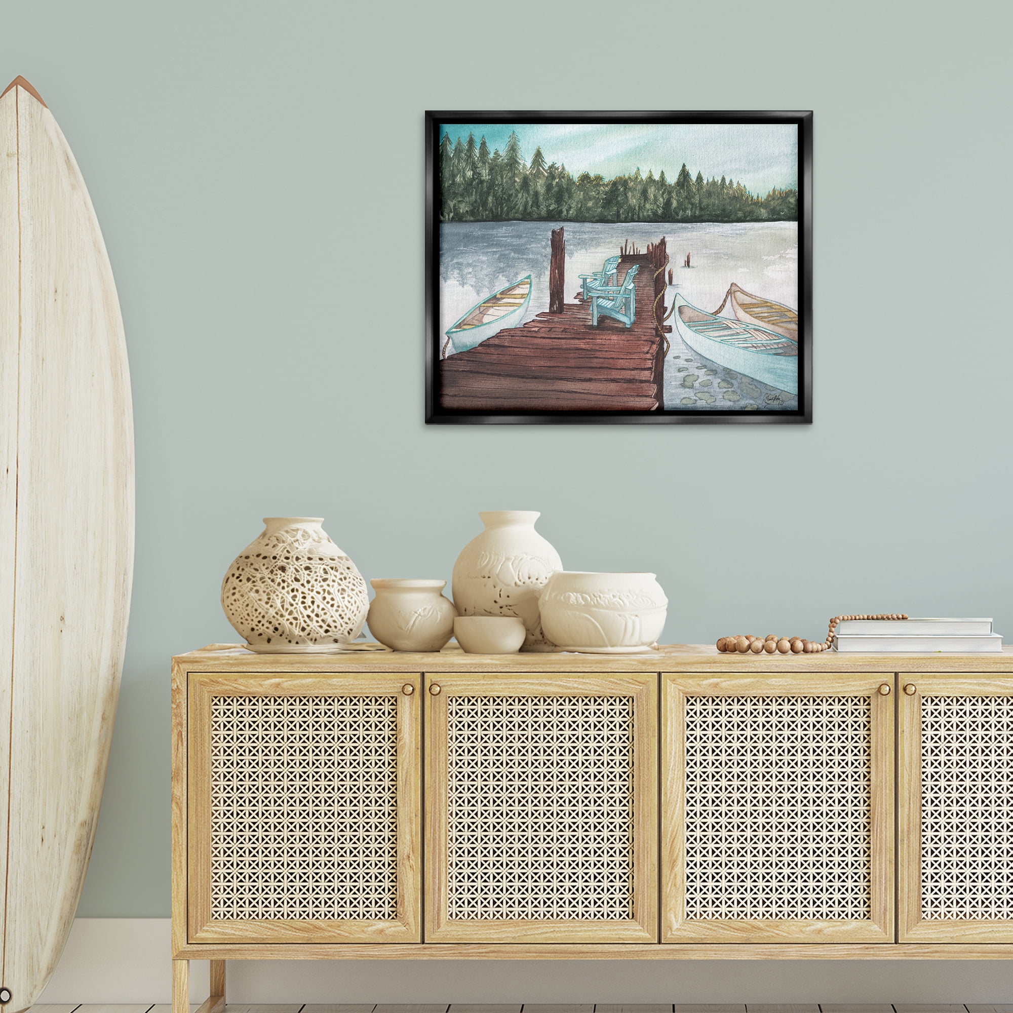 Stupell Industries Canoes at Lake Dock Landscape Painting Black Floater Framed Canvas Art Print Wall Art, 31 x 25